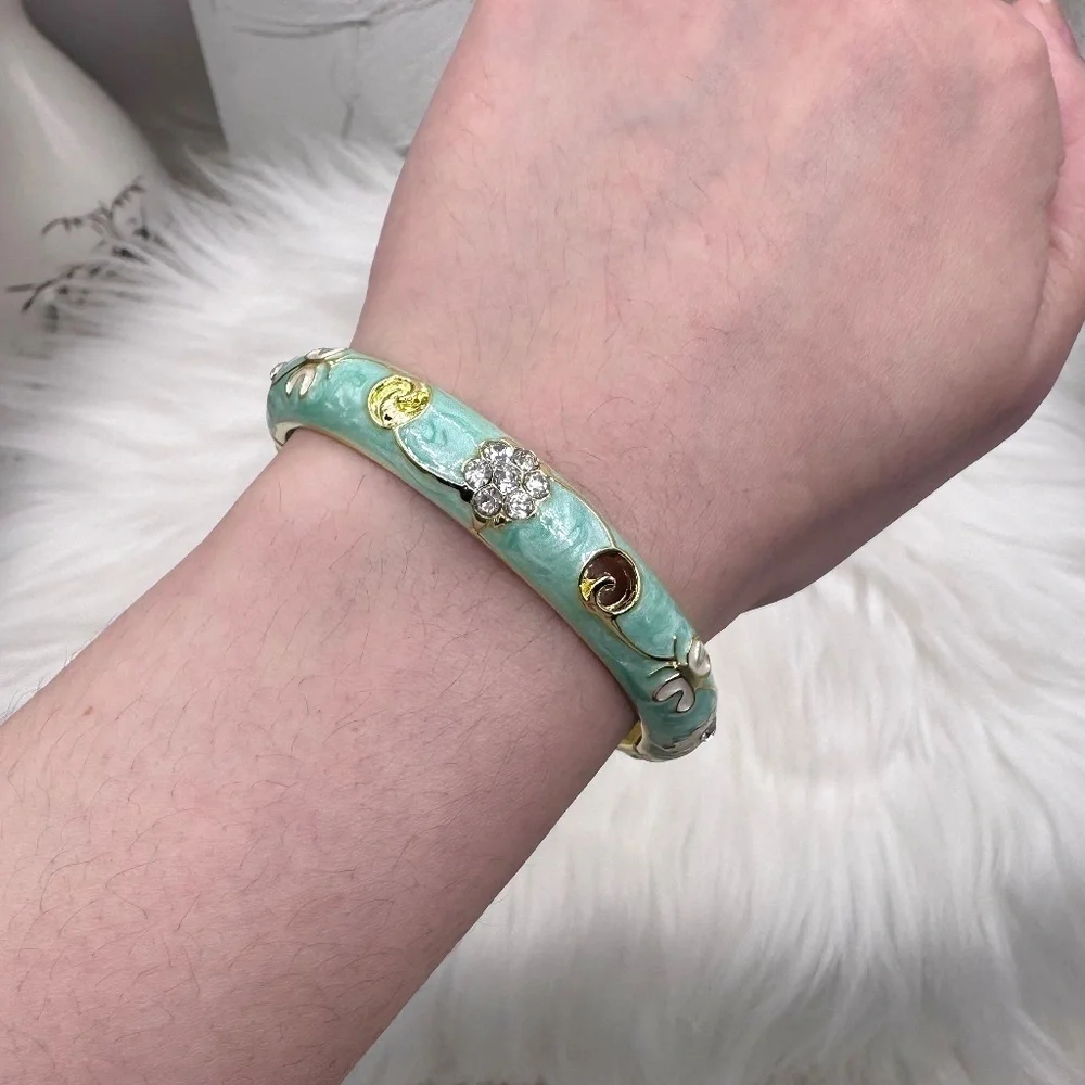 Green Flower Enamel Cloisonne Bracelet Bangle Thick Style